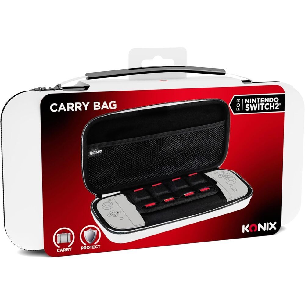 Konix Housse de protection et transport Carry Bag console Nintendo Switch 2 - Filet rangement accessoires - 8 compartiments jeux - Blanc