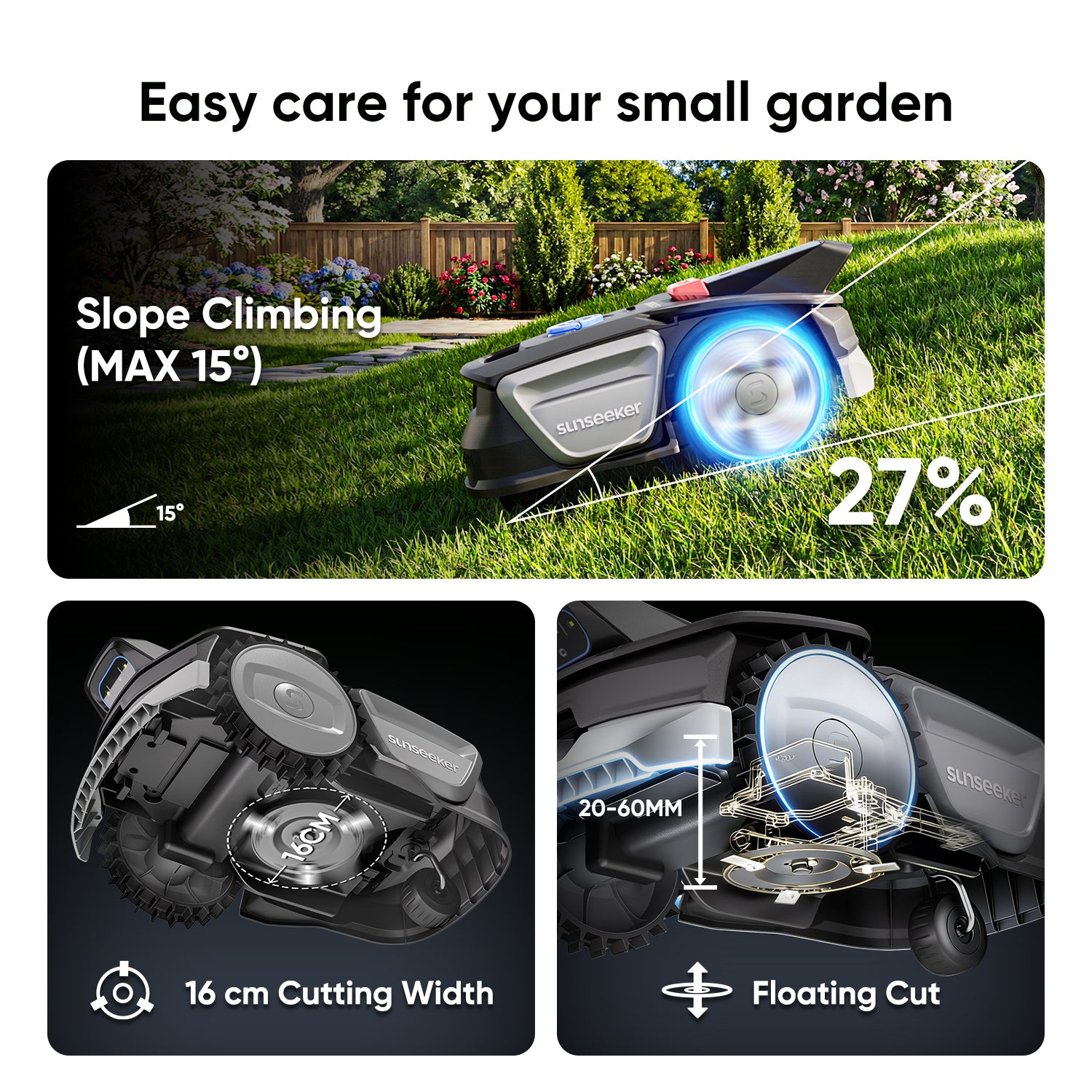 SUNSEEKER V1 avec Garage, Robot Tondeuse Sans Fil Périmétrique, 300 m² pour Petits Jardins, Vision IA, Évitement Intelligent des Obstacles, Pentes 27 %, Tonte en Un Clic, Contrôle Via Application