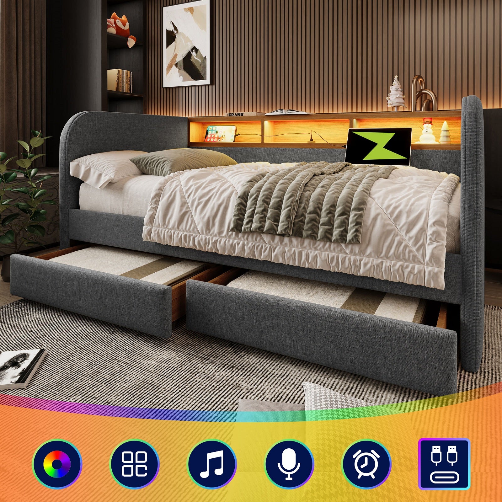 URBAN MEUBLE Lit superposé 140x190 cm, 1 pièce, tissu en lin, gris, avec tête de lit LED et prise de charge USB-C