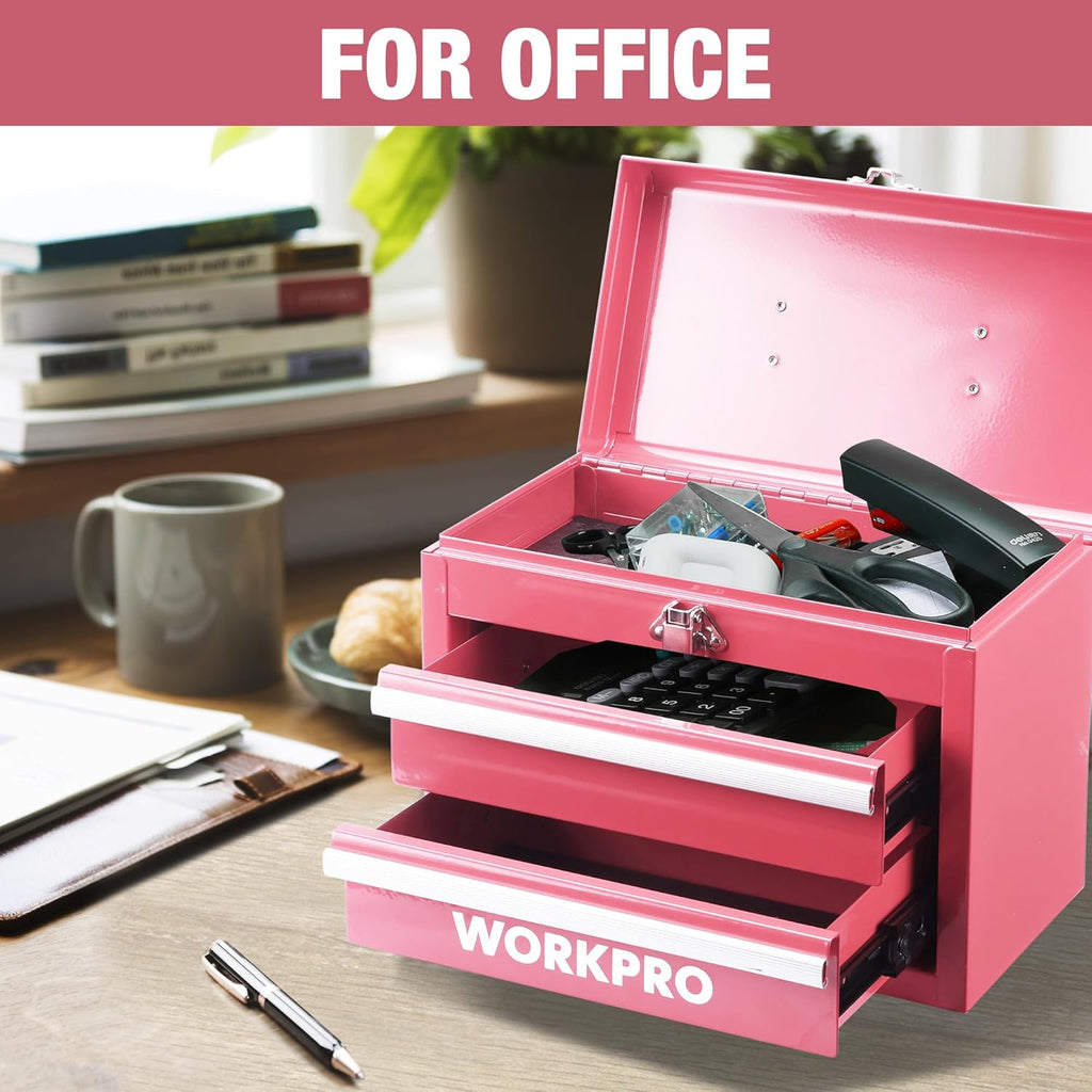 WORKPRO Mini mallette de transport en métal avec 2 tiroirs (guidage à roulements amélioré, avec serrure et poignée) - rose
