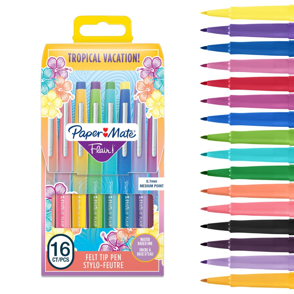 Paper Mate Flair Stylos feutres | à pointe moyenne | Couleurs Tropical | Lot de 16