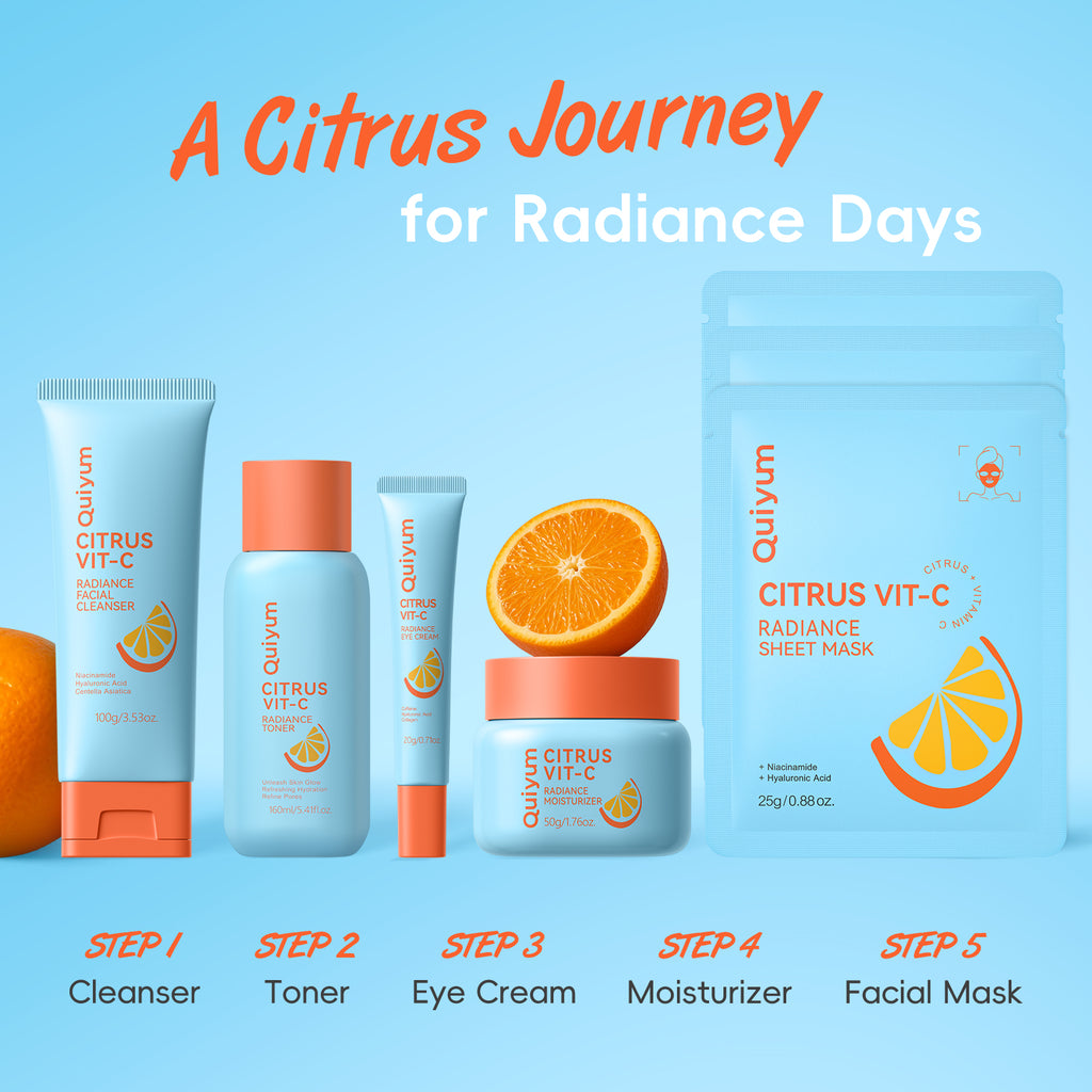 Quiyum Coffret de soins de la peau agrumes vitamine C (11 pièces), nettoyant visage 100 g, lotion tonique 160 ml, crème contour des yeux 20 g, crème visage 50 g, masque visage 25 g × 3, avec brosse nettoyante visage pieuvre, kit facial imperméable 3