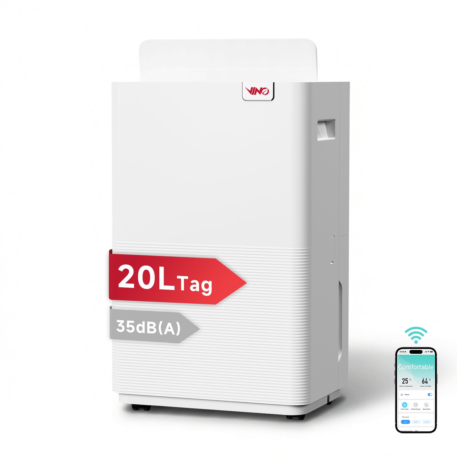 VINO Déshumidificateur intelligent, Commande Wi-Fi, 20 L/jour, R290, Économe en énergie, Réservoir 2,5 L, Idéal pour pièces de 40 m²