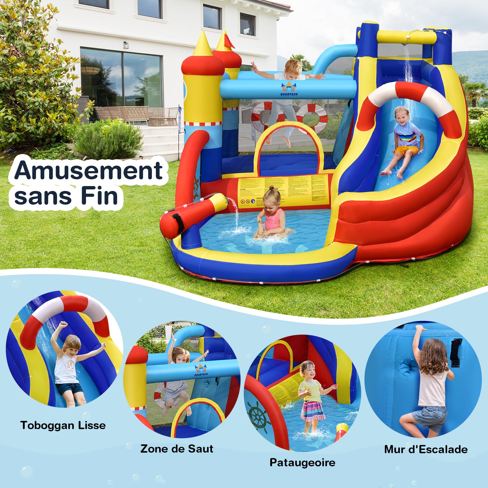 Costway Château gonflable avec souffleur 550 W, parc aquatique 6-en-1, comprend toboggan, piscine et canon à eau