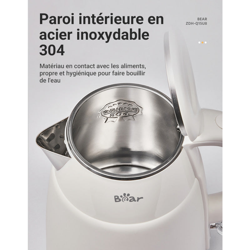 Bear Bouilloire électrique 1,5 L 1500 W - 1750 W ZDH-Q15U8 Inox, arrêt automatique et protection anti-chauffe à sec - Blanc