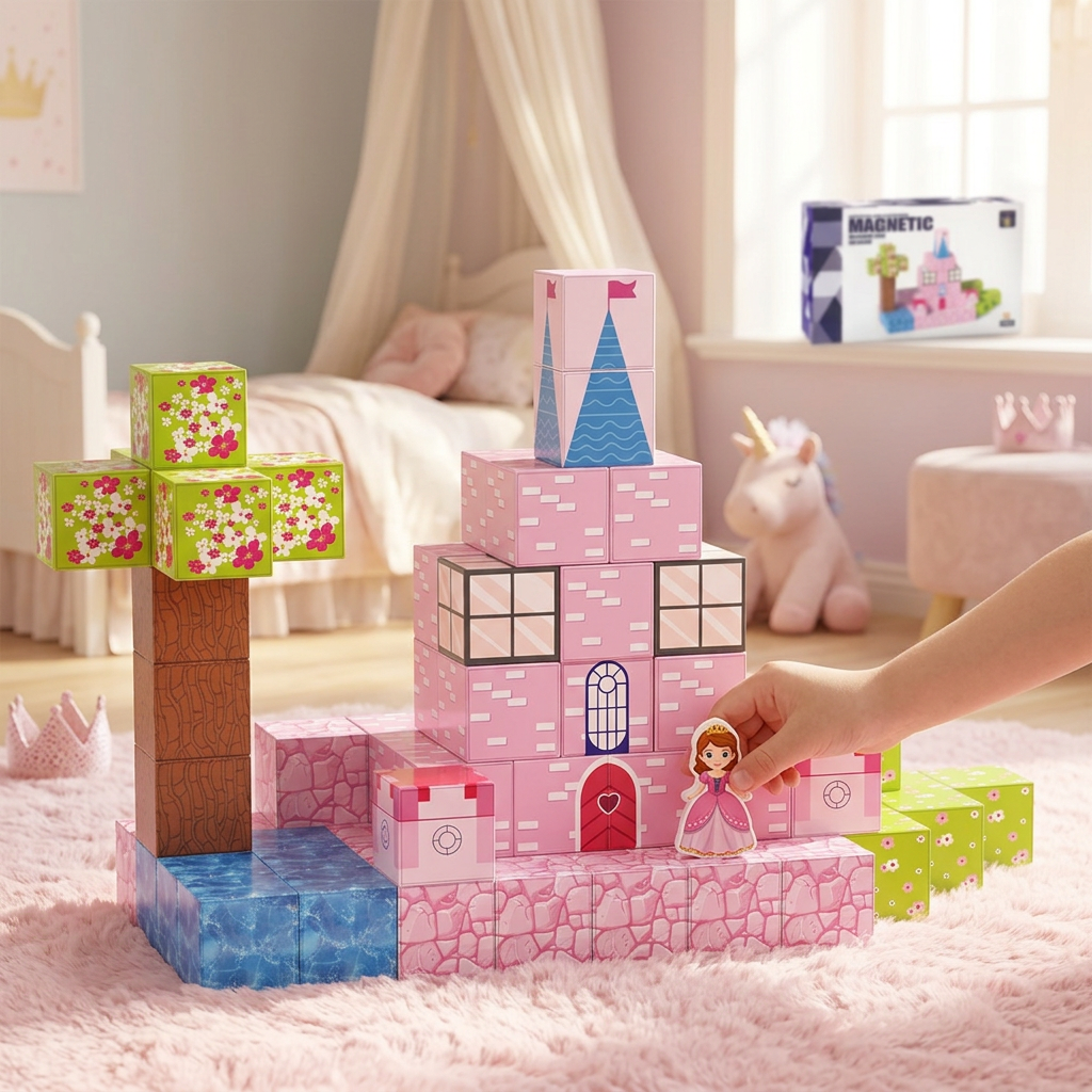 XINQIYUAN Jouet éducatif ensemble de blocs de construction magnétiques Monde château rose 2,5 cm 78 pièces [Mélange aléatoire – Couleurs de l’image principale uniquement]