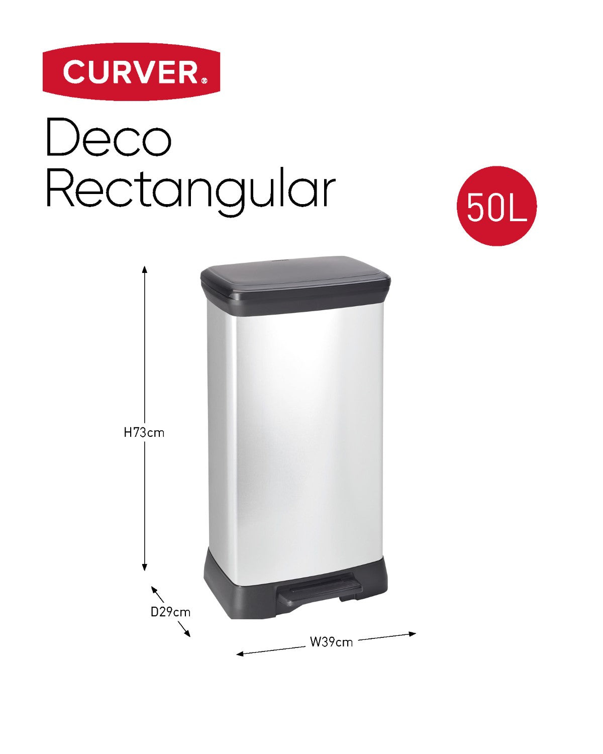 Curver DECOBIN Poubelle à pédale rectangulaire 50 L Noir / Argent