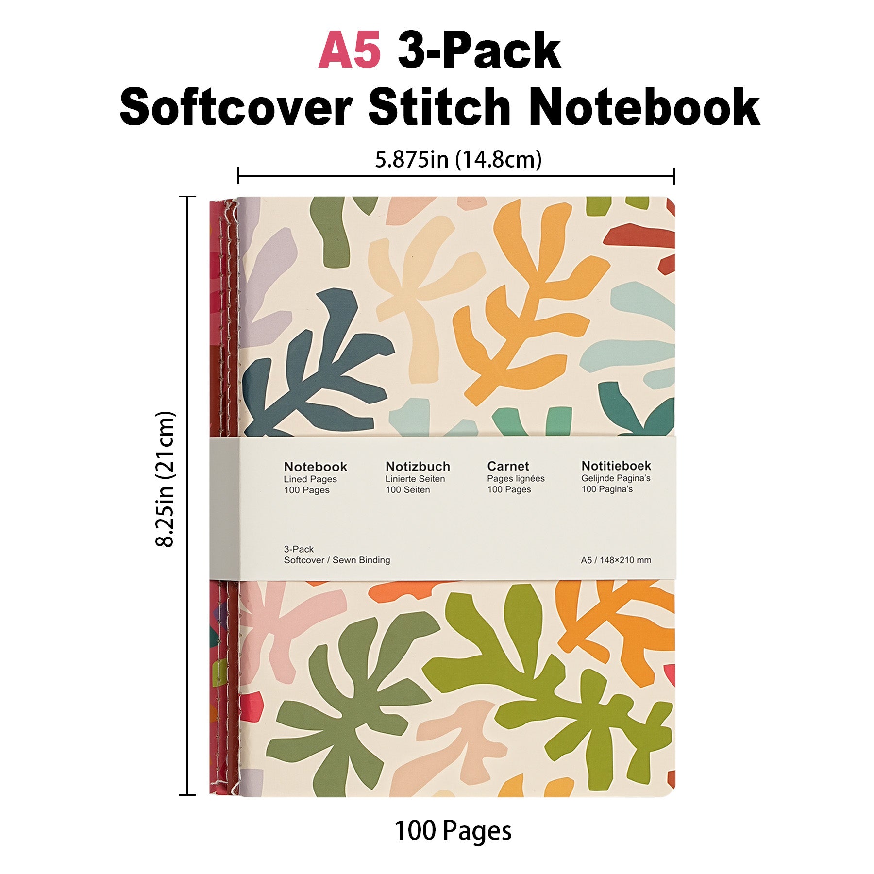Jubiluu Lot de 3 carnets cousus A5 à couverture souple - 50 feuilles (papier offset 80 g) - Journal ligné couleur crème classique pour école, bureau