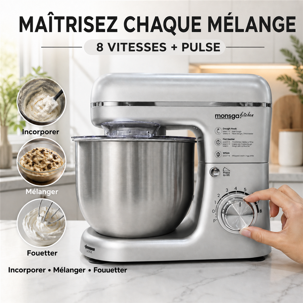 monsga SM100 Robot pâtissier, 1000 W, Noir/Argent, Bol mélangeur en acier inoxydable 6,0 L, Silencieux, Fouet, Crochet pétrisseur, Batteur et Couvercle anti-éclaboussures, 8 vitesses