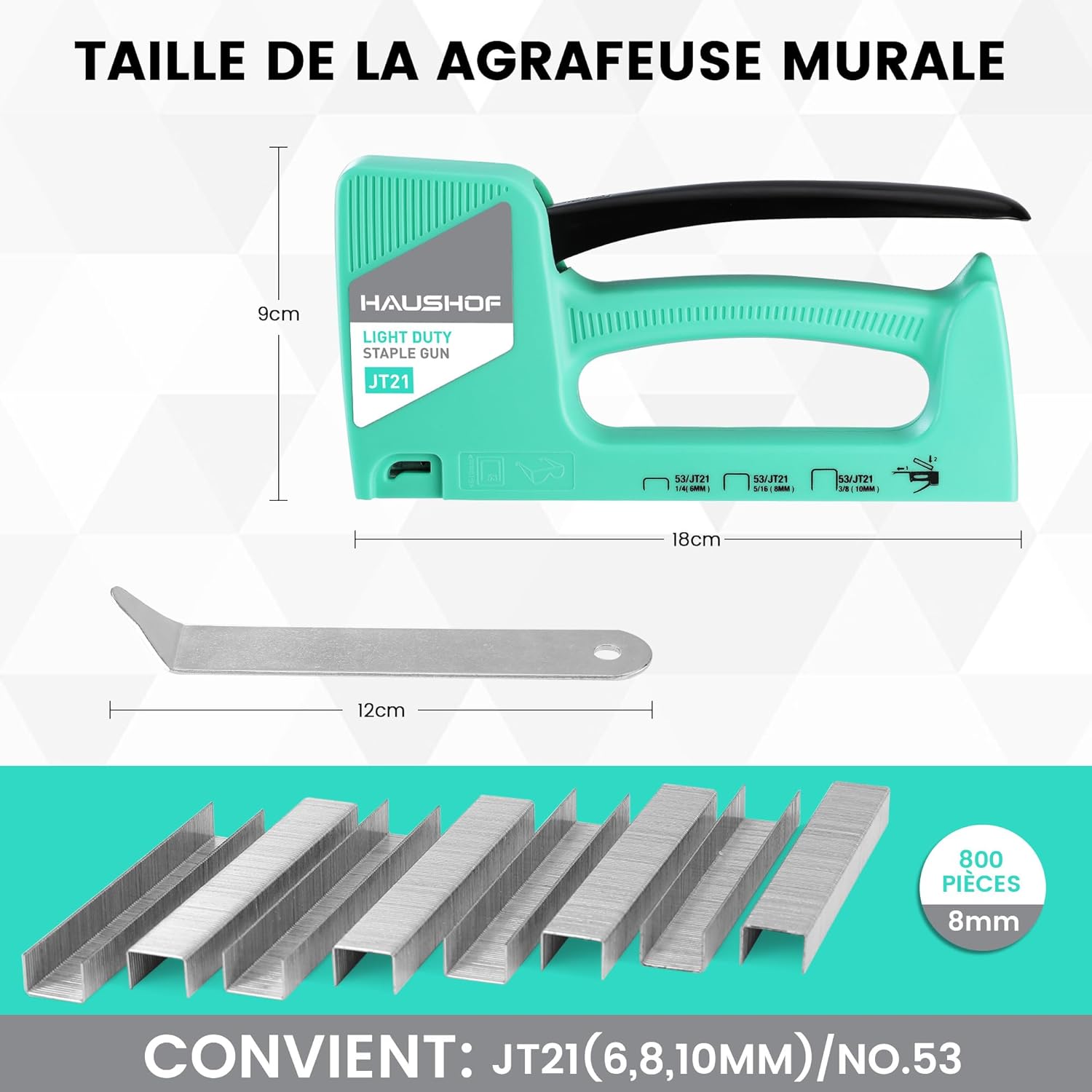 HAUSHOF Pistolet agrafeur manuel vert, Agrafeuse pour tapisserie et bois pour agrafes type 53, avec 800 agrafes de 8 mm et extracteur d’agrafes pour bois, tissu, meubles