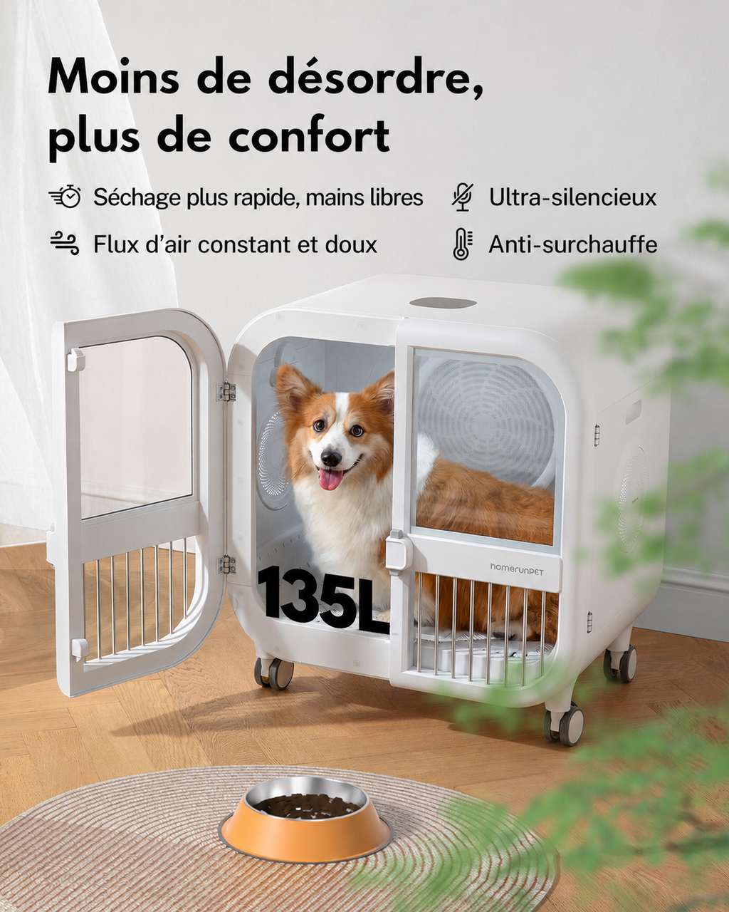 Homerunpet 135 L Deluxe Edition Sèche-Animaux, PD135, Séchage de Qualité Salon, Air Doux à 40 °C, Fonctionnement Ultra-Silencieux, Lit et Sèche-Animaux 2 en 1