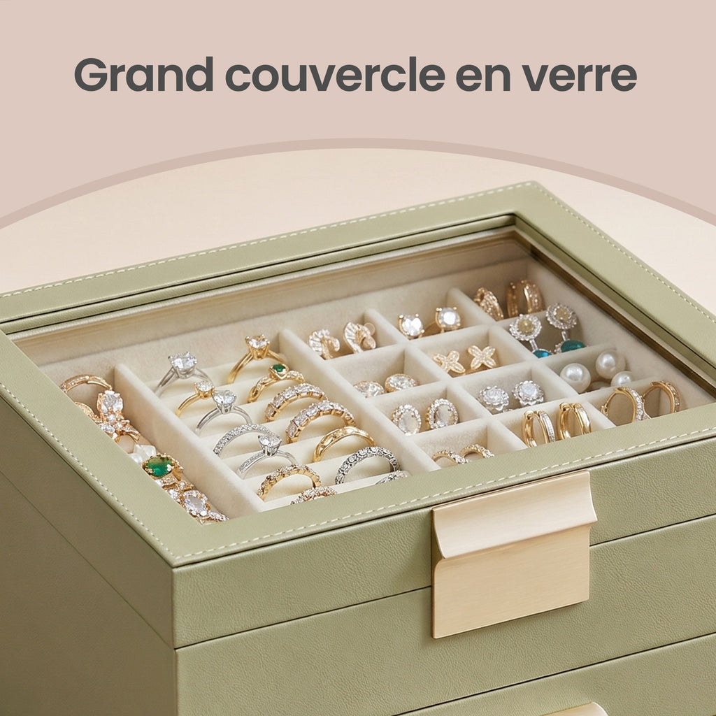 JOYFURNOS Boîte à bijoux avec couvercle en verre – Vert Sauge & Or, 3 niveaux, 2 tiroirs, organiseur de rangement moderne, taille 20,3 x 23,1 x 13,5 cm – excellente idée cadeau