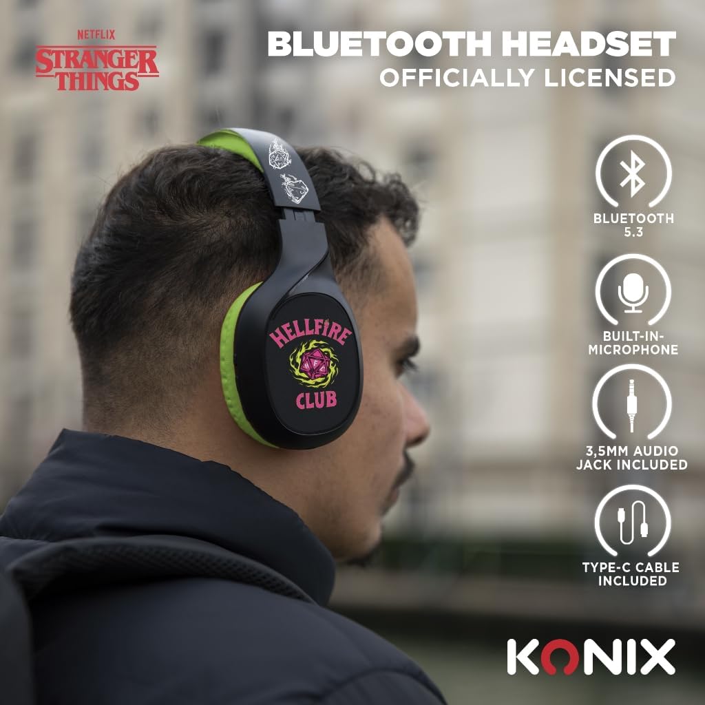 Konix Stranger Things Casque audio supra-auriculaire sans fil Bluetooth 5.3 PC, smartphones, tablettes - Microphone - Autonomie 30 h - Noir et jaune