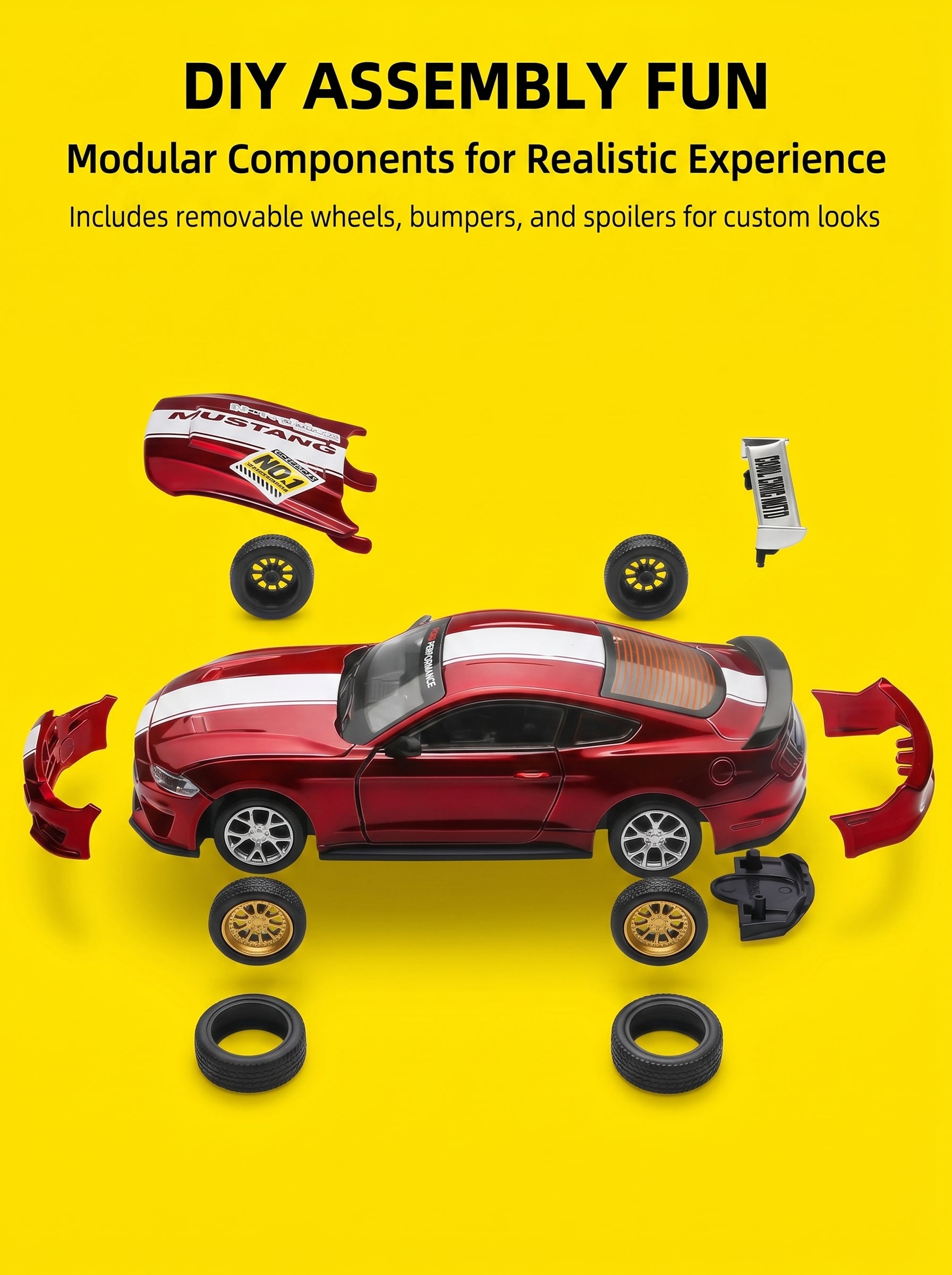 CCA1:42 2018 Ford Mustang GT Classic Red – Modèle de voiture à l’échelle 1:42, kit de montage DIY, portes ouvrantes et pièces interchangeables, modèle de collection et jouet d’exposition