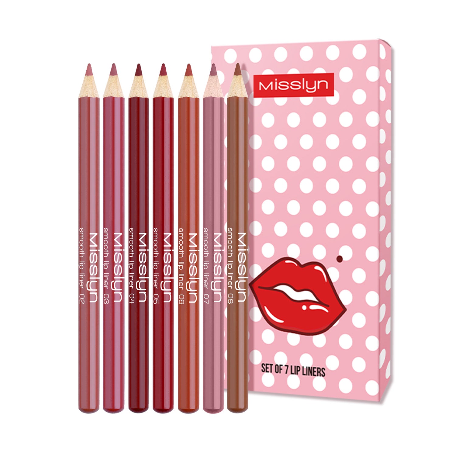 Misslyn Love yourself Set de crayons à lèvres mats, 7 pièces, Taille-crayon intégré, Longue tenue haute pigmentation, Crayon à lèvres lisse ultra-fin