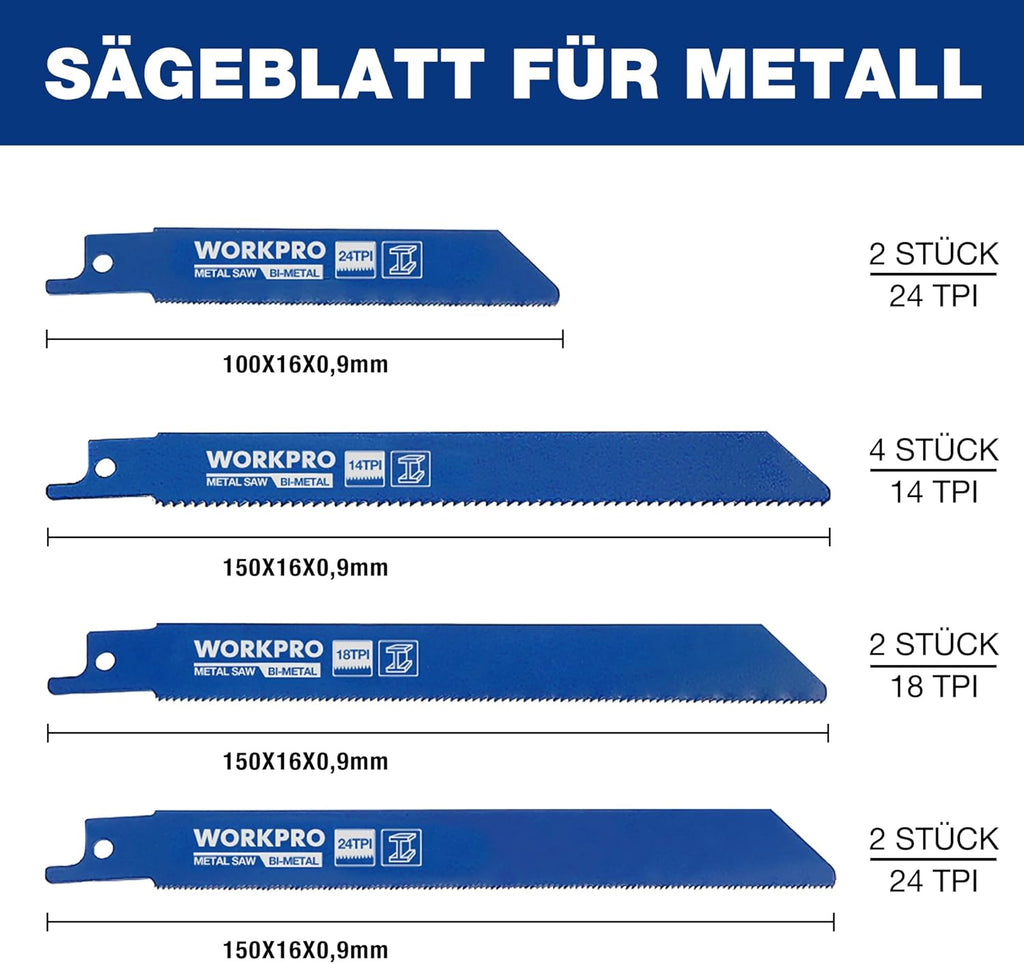WORKPRO Lames de scie alternatives pour bois, métal et plastique, compatibles Bosch, Dewalt, Makita, Ryobi, Milwaukee, avec sac - 32 pièces