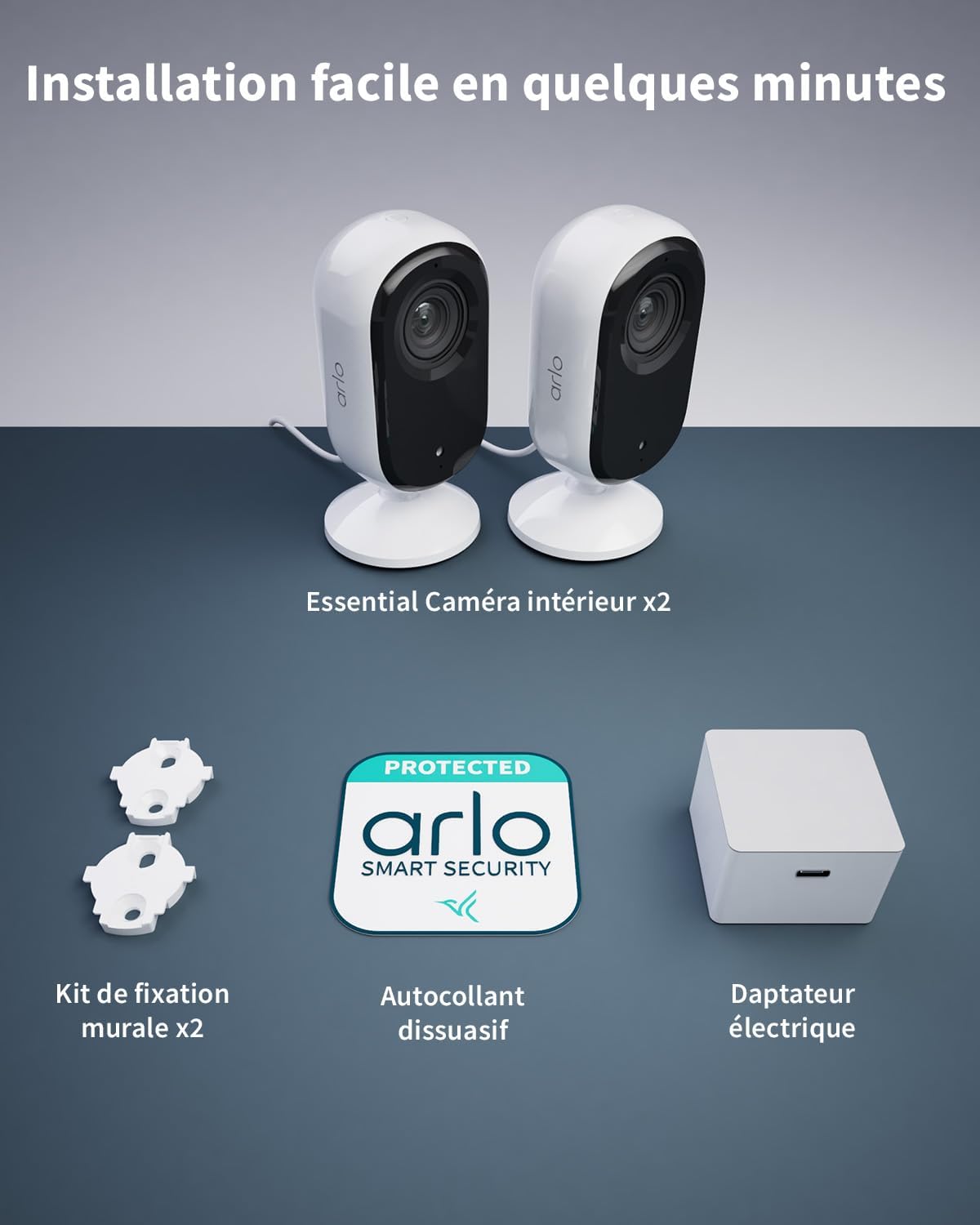 Arlo VMC3260-100EUS Caméra Intérieure Filaire WiFi 2K Essential 2, Kit de 2 caméras, Audio Bidirectionnel, Vision Nocturne, Cache de Lentille, Blanc