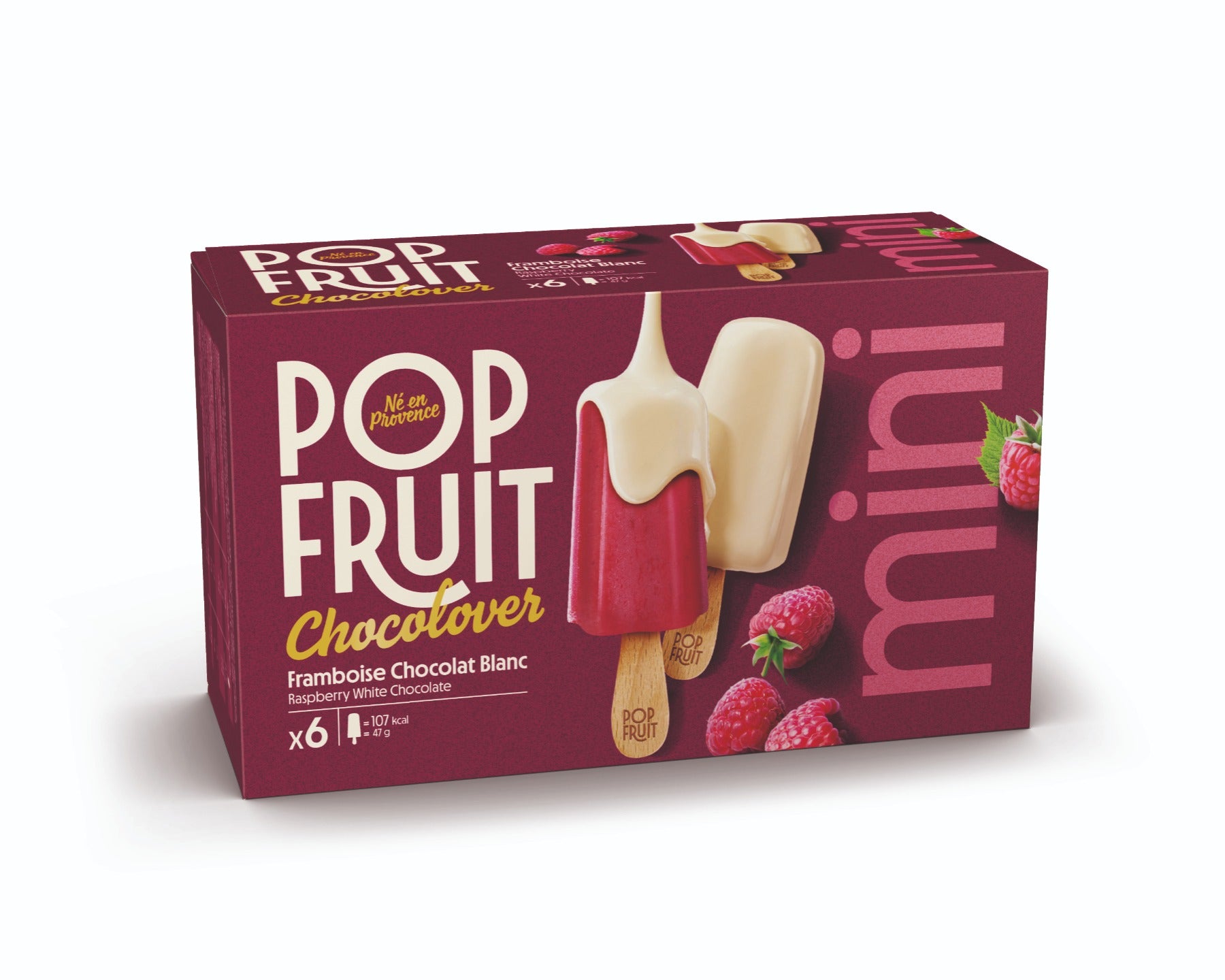POP FRUIT Bâtonnets Sorbets Mini Framboise Chocolat Blanc x6 282g