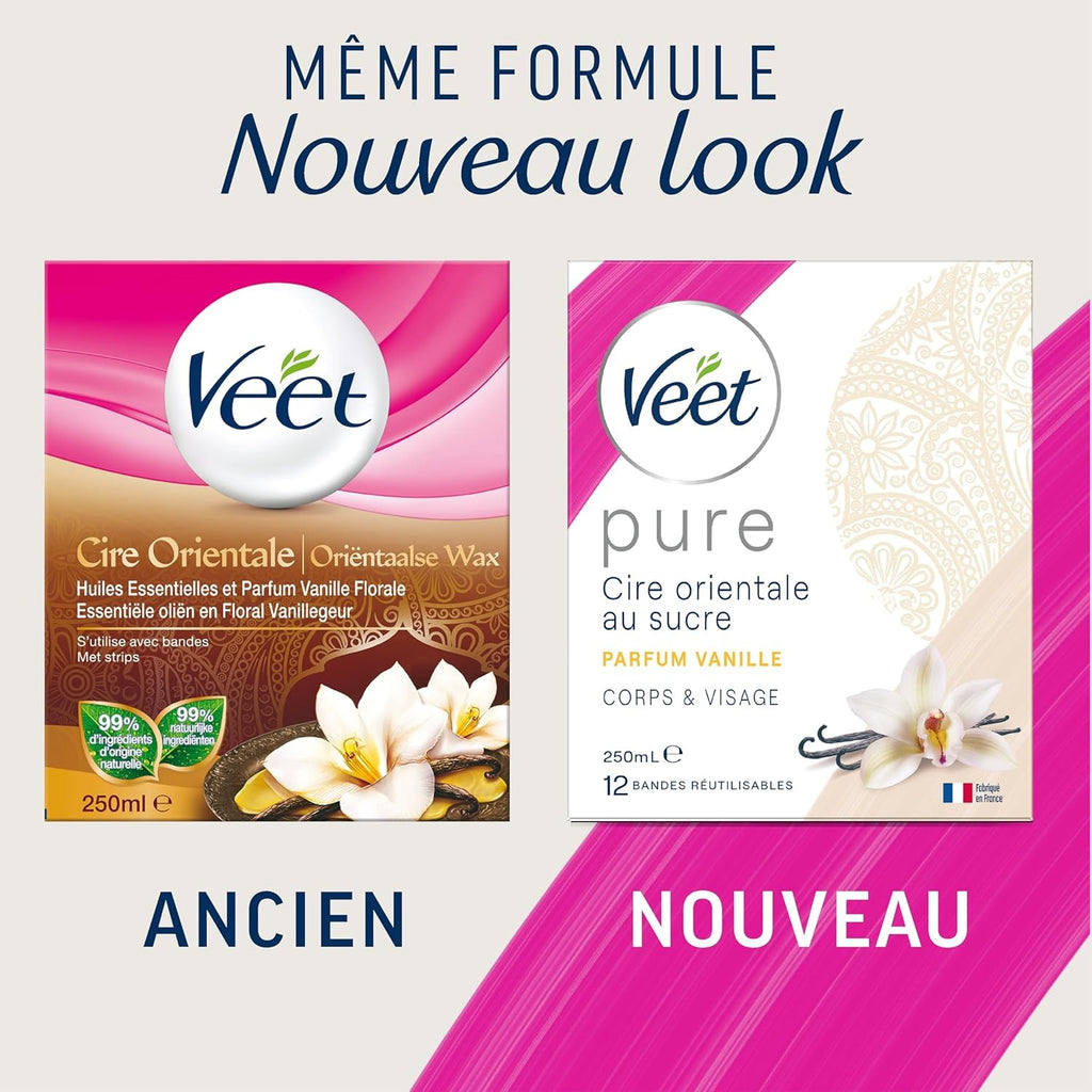 Veet PURE Cire Orientale pour le Corps et le Visage aux Huiles Essentielles Vanille Florale - 250 ml