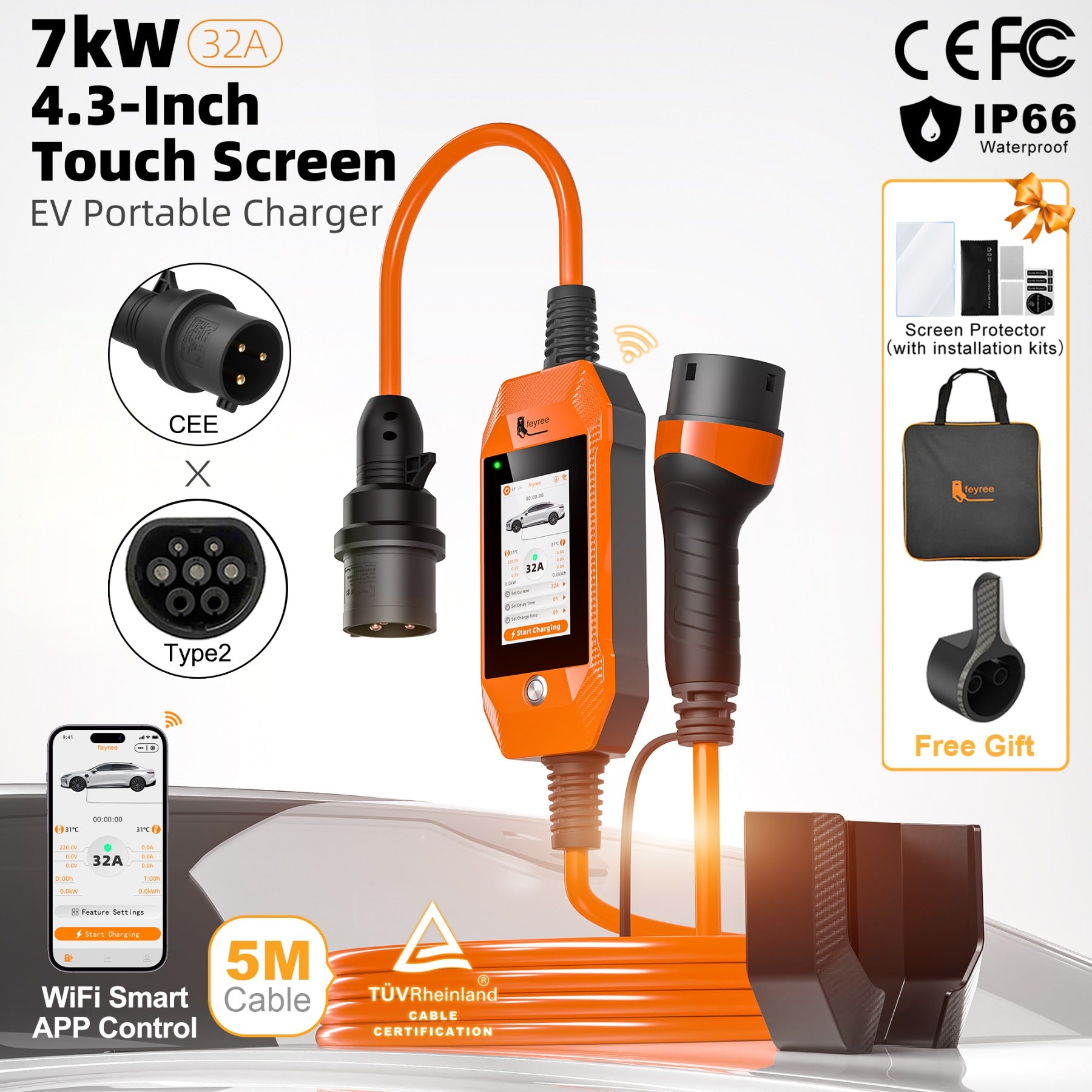 Feyree Chargeur de voiture électrique portable 7 kW 32 A avec écran tactile 4,3 pouces, type 2, réglable, avec adaptateur, contrôle Wi-Fi via application intelligente, pour voitures électriques