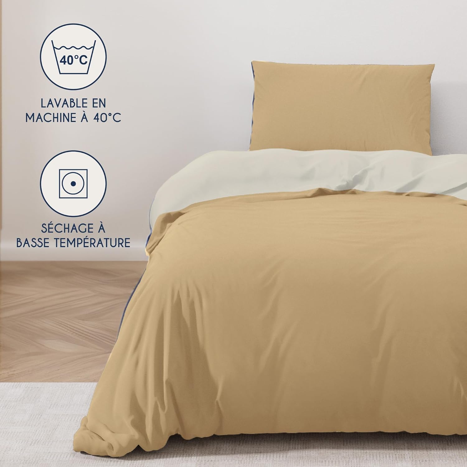 MENDALE Housse de couette - Ensemble de literie de qualité supérieure - Housse de couette 140*200 cm avec taie d'oreiller 65*65 cm - Microfibre douce brossée - Blanc cassé et kaki
