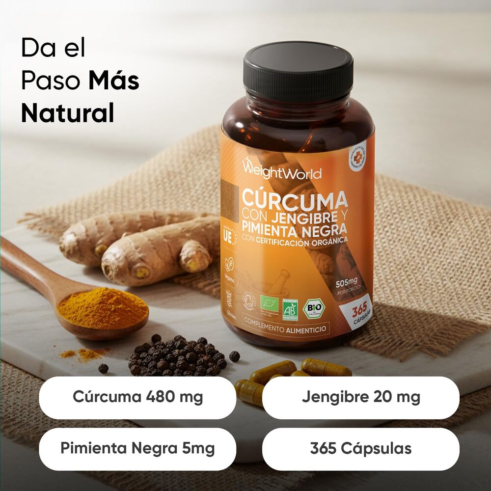 WeightWorld Curcuma biologique avec poivre noir biologique et gingembre biologique 505 mg 365 gélules