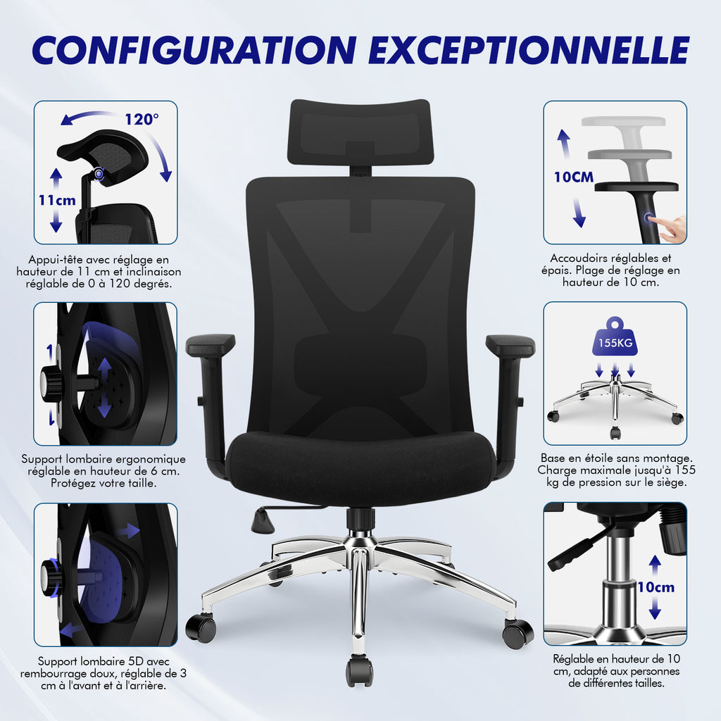 GTIMEX Chaise de bureau ergonomique, chaise de bureau, chaise de bureau avec accoudoirs réglables, soutien lombaire souple en éponge naturelle et appui-tête, chaise de direction
