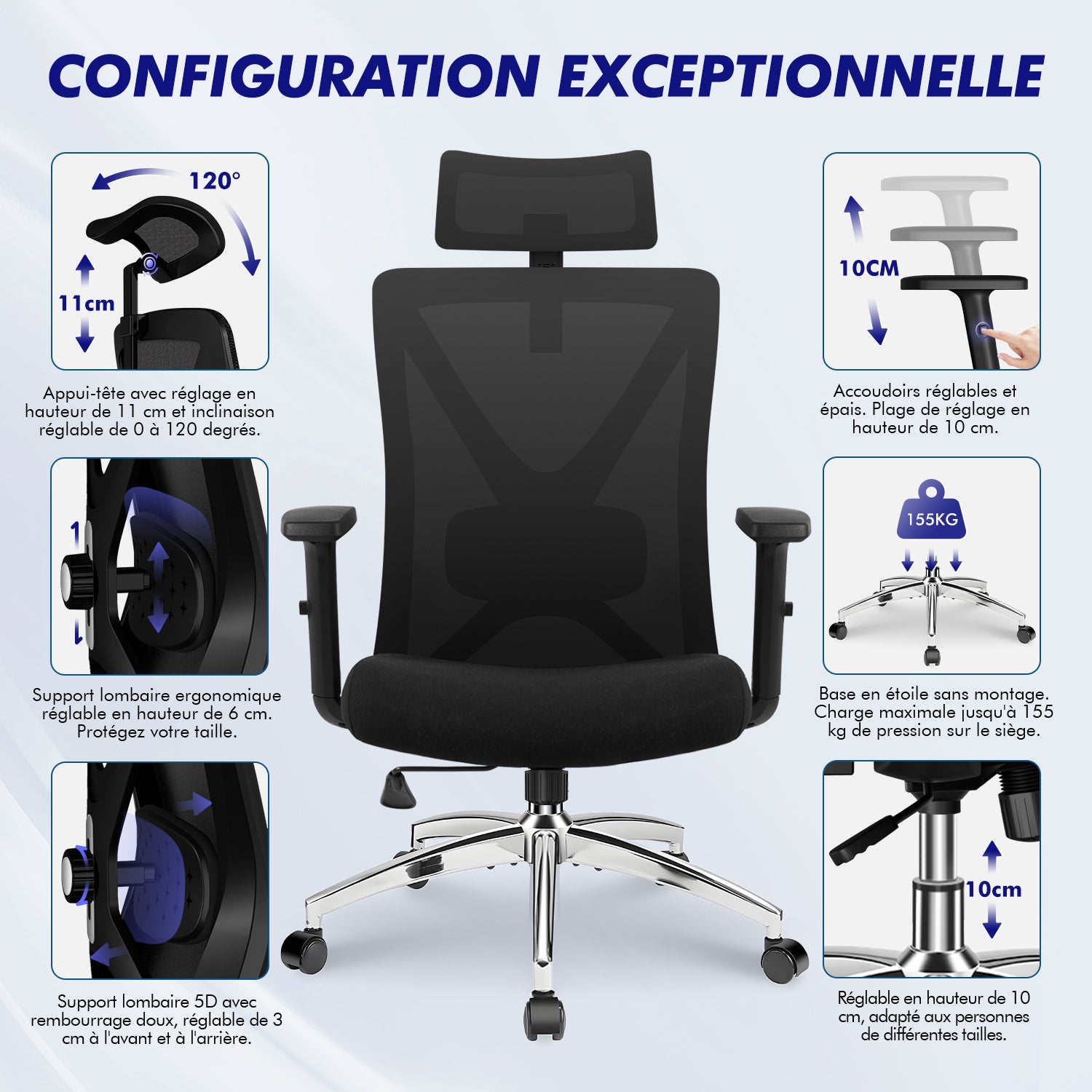 GTIMEX Chaise de bureau ergonomique, chaise de bureau, chaise de bureau avec accoudoirs réglables, soutien lombaire souple en éponge naturelle et appui-tête, chaise de direction