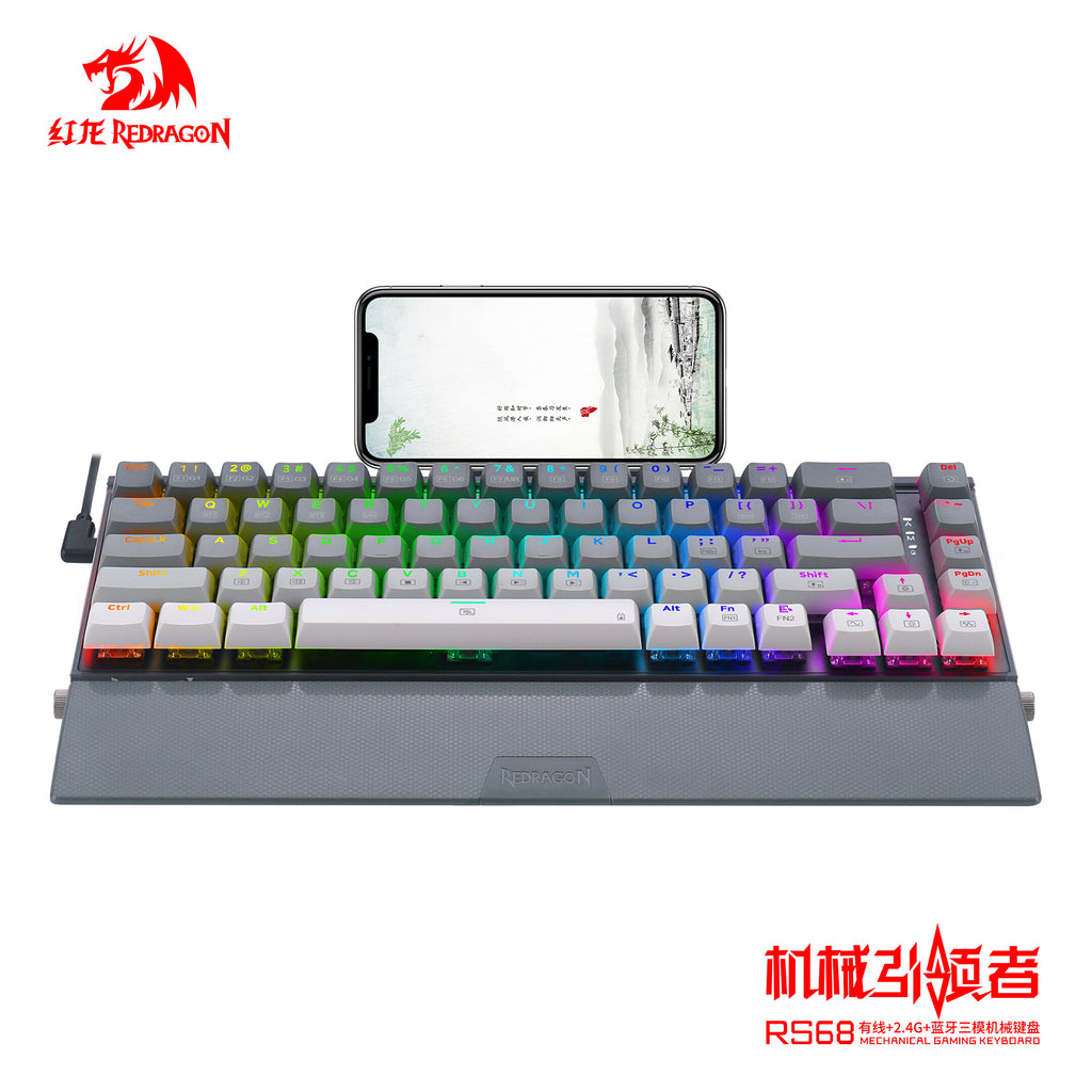 RS68 3e examen blanc - clavier mécanique sans fil en alliage d’aluminium, supports de switchs, remplacement à chaud, repose-poignet détachable, clavier gaming e-sport pour bureau, gris sidéral