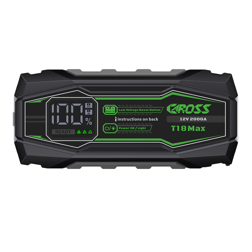 CAROSS Booster de démarrage portable 2 000 A 12 V, Noir, Batterie lithium-ion 20 000 mAh, Protection anti-étincelles et inversion de polarité, Fonction Boost, Écran LED 2,3''