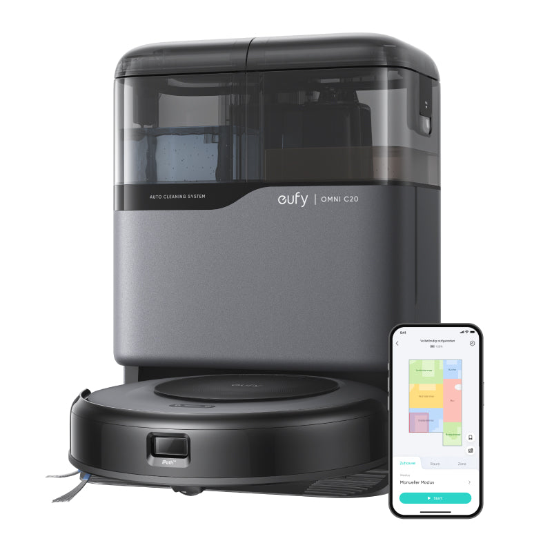 eufy Omni C20 aspirateur robot avec station tout-en-un, vidage automatique, fonction lavage et séchage, 7 000 Pa, design 8,5 cm, fonction essuyage, sécurité enfant
