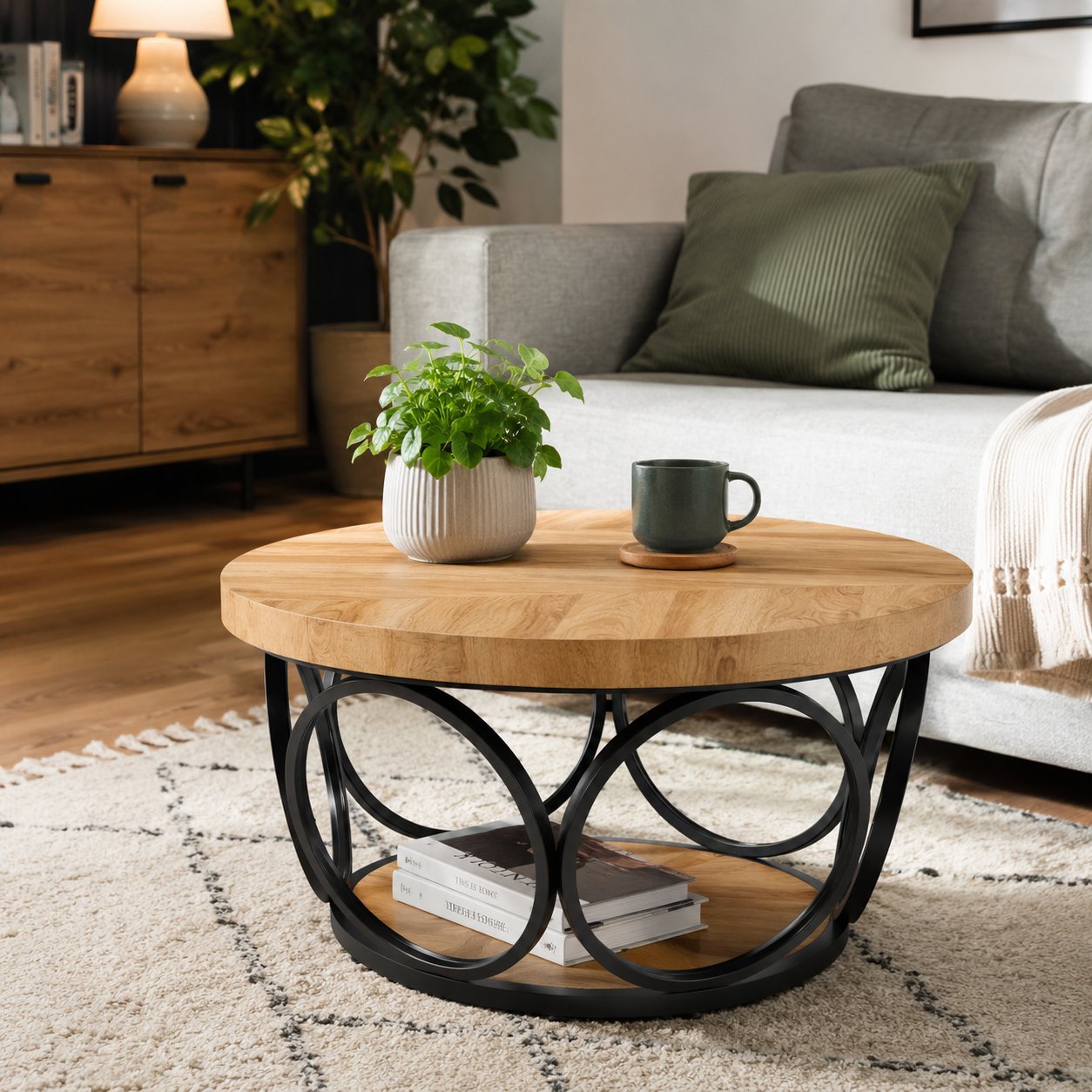 Tribesigns Table basse ronde 80 cm style ferme, rangement 2 niveaux, cadre en métal, grain de bois marron