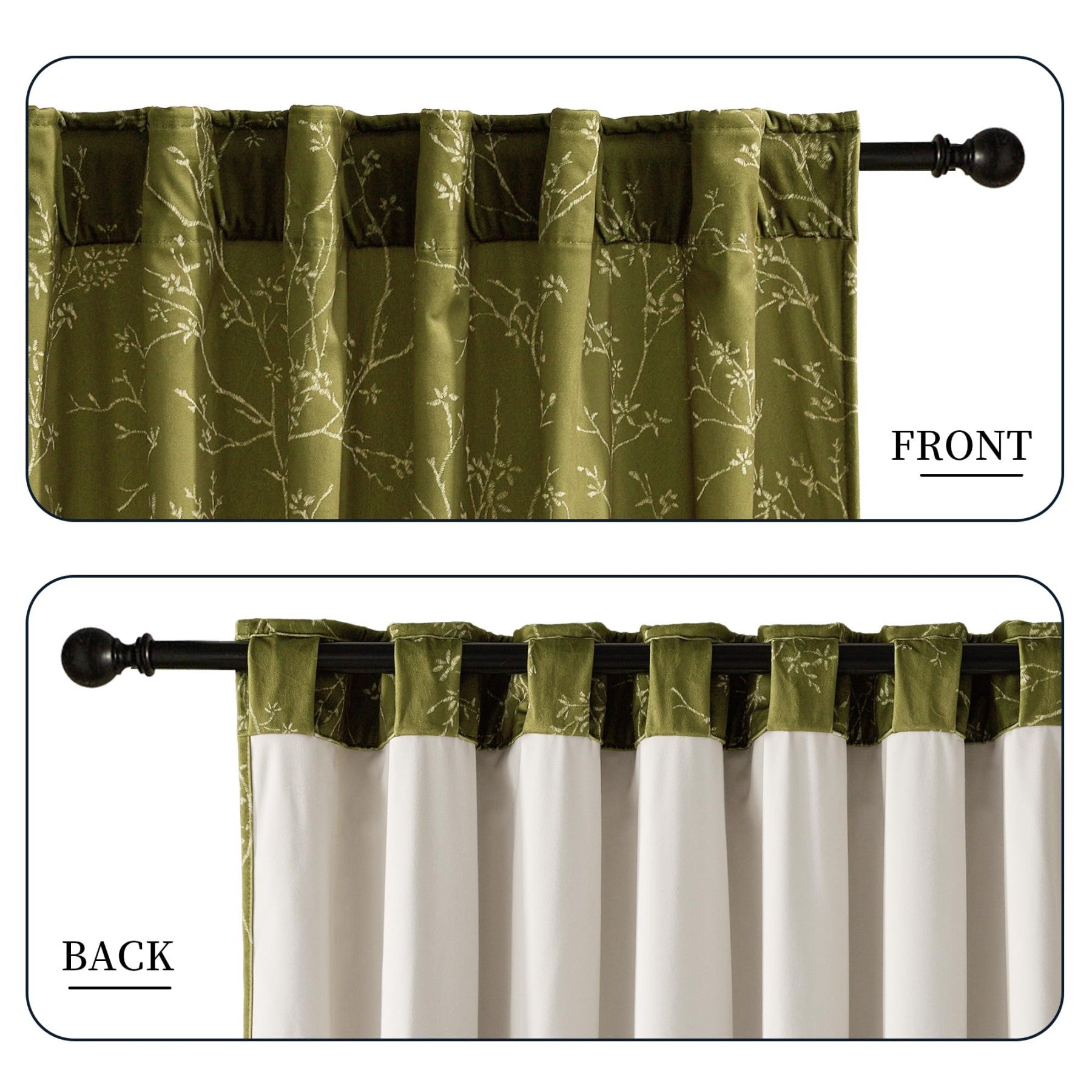 PONY DANCE Rideaux en Velours Imprimé Floral à Lanières Arrière Isolants Thermiques Draperies de Fenêtre Filtrantes pour Chambre/Salon, 2 Panneaux, l 127 x L 220 cm, Vert Olive