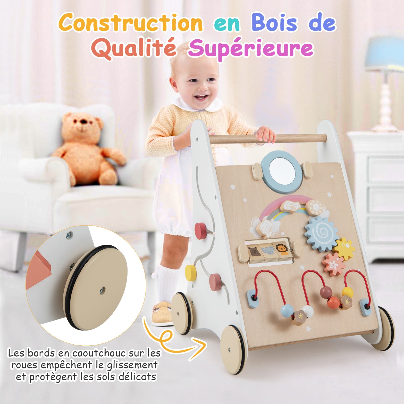 Costway Trotteur bébé en bois avec centre d'activités multiples pour plus de 1 an - Blanc