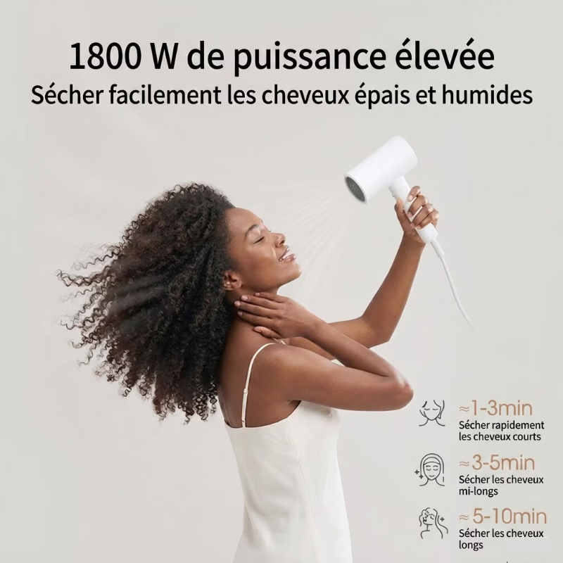 ochama sèche‑cheveux ultra‑léger, puissance 1800W, 20 000 tr/min, 480g léger, faible bruit, séchage rapide aux ions négatifs, embout fourni