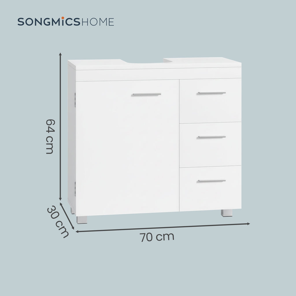 JOYFURNOS Armoire sous lavabo pour salle de bain, Blanc Mat, 30 x 70 x 63,8 cm – meuble de rangement avec pieds, 3 tiroirs et 2 compartiments derrière la porte, pour lavabos avec socle