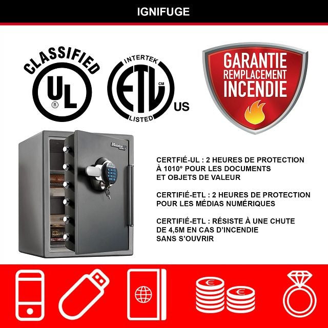 Master Lock Coffre-fort certifié résistant au feu et à l’eau, 56 L, 605 x 472 x 690 mm, serrure à code numérique avec clé de secours et clavier rétroéclairé, pour la maison et les professionnels