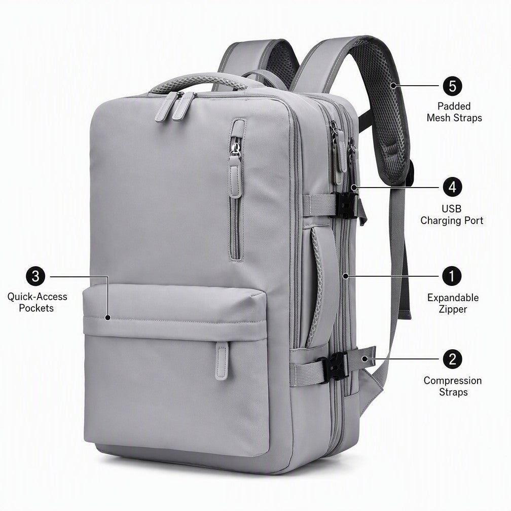 Sac à dos de voyage professionnel extensible, sac à dos résistant à l'eau pour ordinateur portable 15,6 pouces avec port de charge USB externe, sac de jour décontracté à multiples poches pour