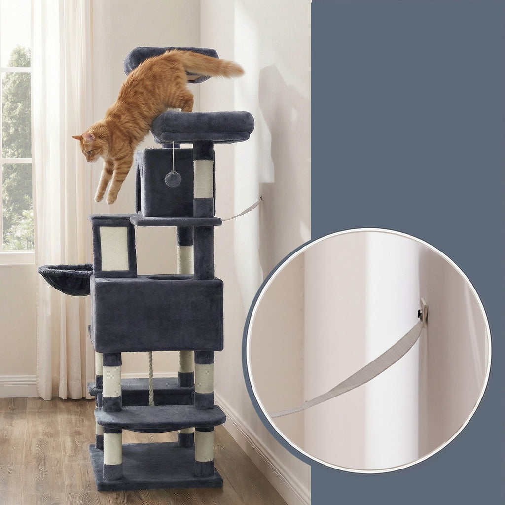 JOYFURNOS Arbre à chat, grande tour pour chat de 168 cm avec 13 poteaux à griffer, 1 rampe à griffer, 2 perchoirs, 2 niches, panier, hamac, pompons, gris fumé