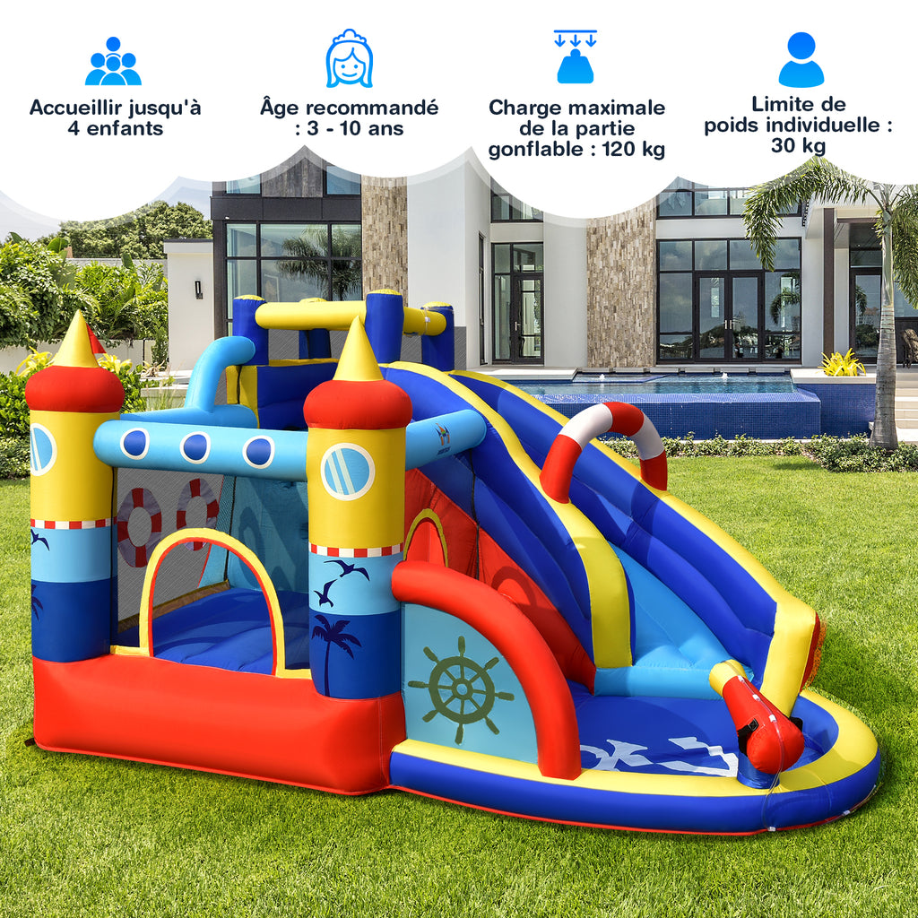 Costway Château gonflable avec souffleur 550 W, parc aquatique 6-en-1, comprend toboggan, piscine et canon à eau