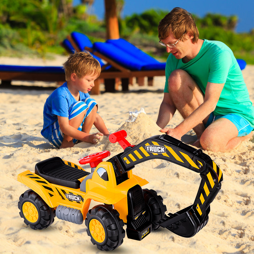 Excavatrice pour enfants et compartiment de rangement intégré, pelle avec klaxon, jouet excavatrice, pelle à sable, pelle avec siège pour enfants à partir de 3 ans, pierre et casque inclus
