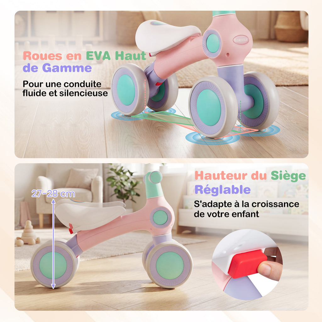 Draisienne pour bébé, siège rembourré réglable, 4 roues silencieuses, sans pédales, rose