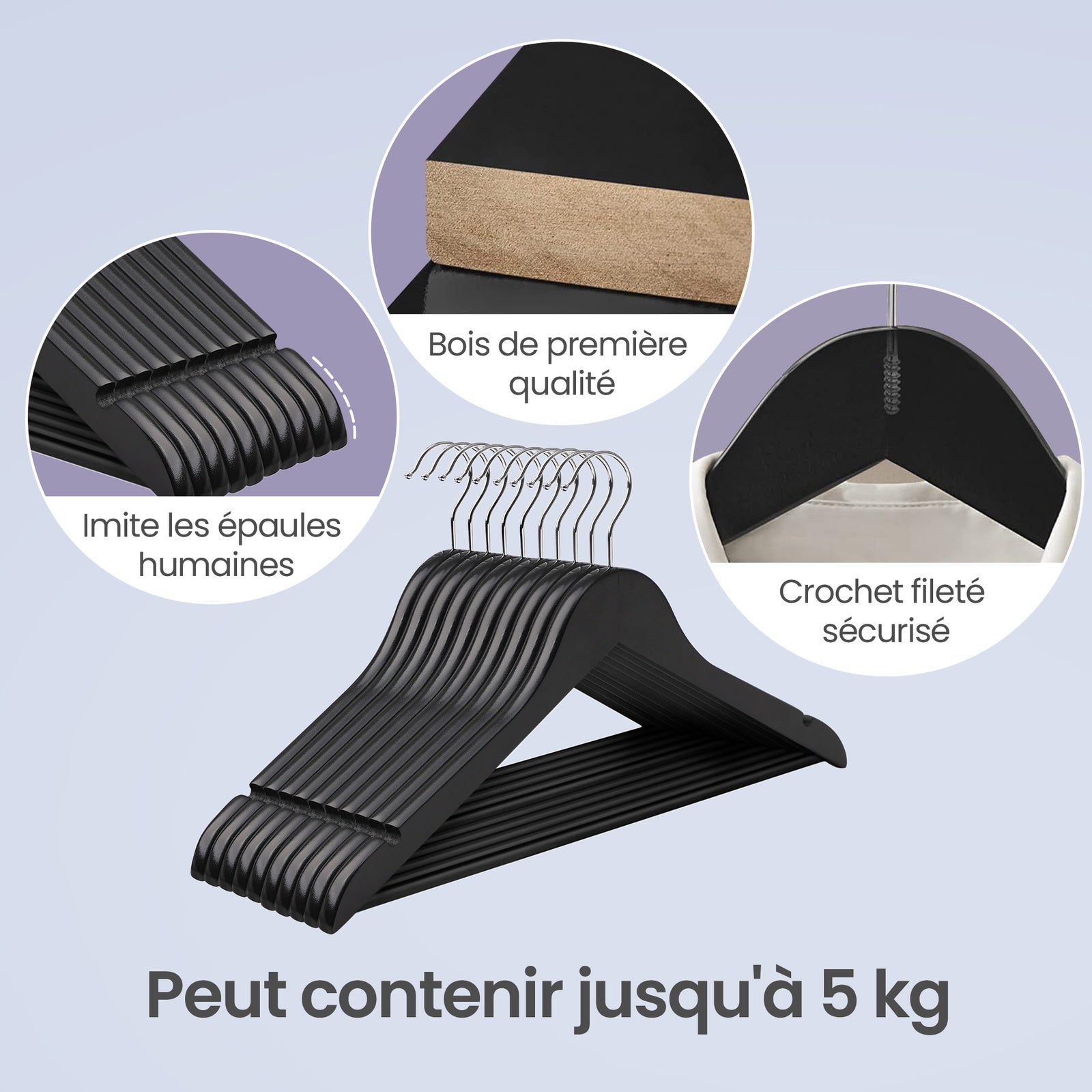 JOYFURNOS Lot de 20 cintres en bois massif, noir et argent, dotés de découpes sur les épaules et d'une barre antidérapante pour pantalons, crochet pivotant à 360°, parfaits pour les costumes et chemises