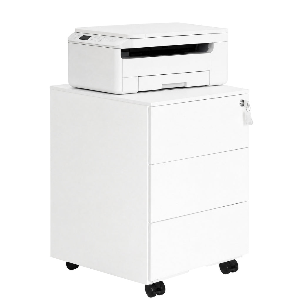 JOYFURNOS Caisson de bureau mobile verrouillable avec 3 tiroirs, rangement documents et fournitures de bureau, préassemblé, pour bureau à domicile, Blanc