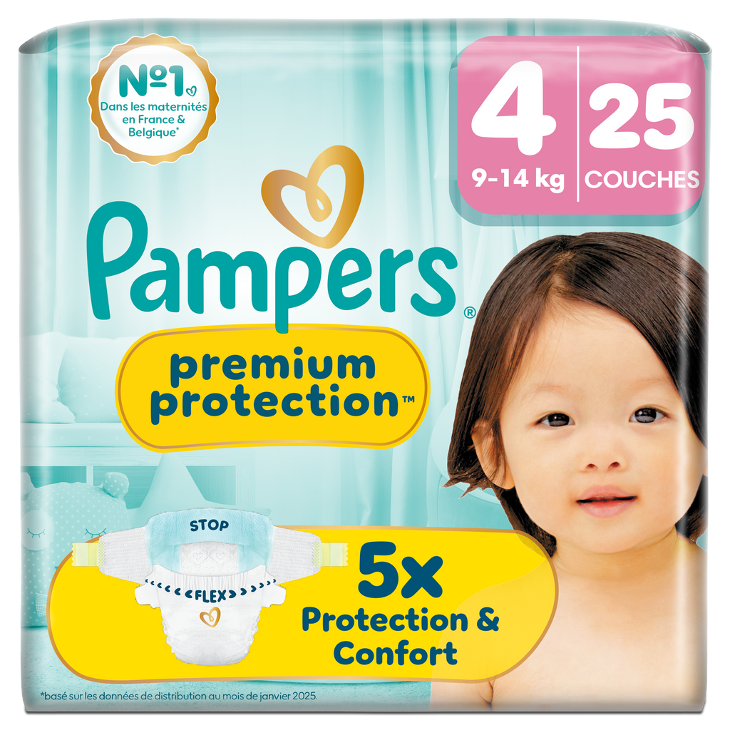 Pampers Premium Protection, Taille 4, 25 Couches, 9-14kg, Notre N°1 Pour La Protection De La Peau Et Contre Les Fuites