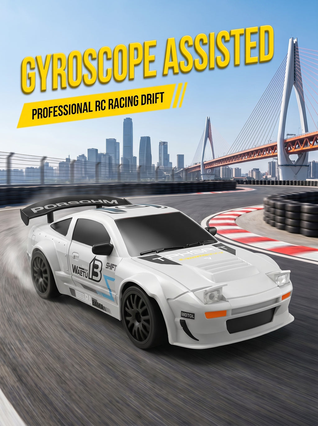 Voiture de Drift RC 4WD 1:24 SKU-A, Gyroscopique Réglable, Lumières LED, Pneus Doubles, Batterie au Lithium & Suspension avec Accessoires Complètes pour Adultes & Adolescents Amateurs, Lot de 1 Blanc