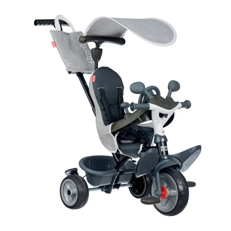 Smoby - Tricycle Baby Driver Gris - Evolutif 3 en 1 - Poignée Parentale Réglable - Frein de Parking, Repose-pied, Pare-soleil Anti-UV - A Partir de 10 Mois Jusqu'à 3 Ans - Fabrication Espagnole