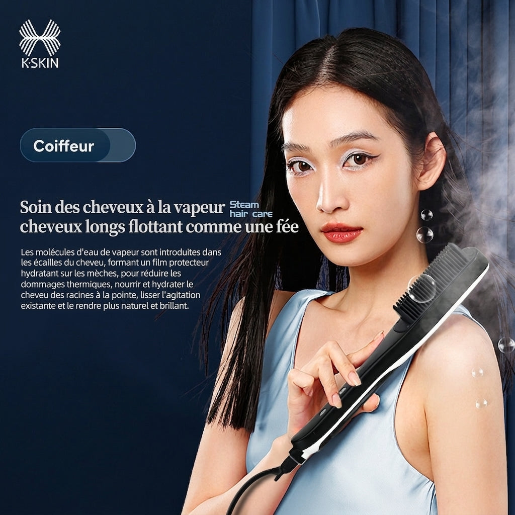 K·SKIN KD880 Peigne/Lisseur à Vapeur, Chauffage Uniforme PTC + Conception de Soin Capillaire Hydratant par Pulvérisation, Coiffage Rapide, Fixe l'Hydratation et Anti-Frisottis