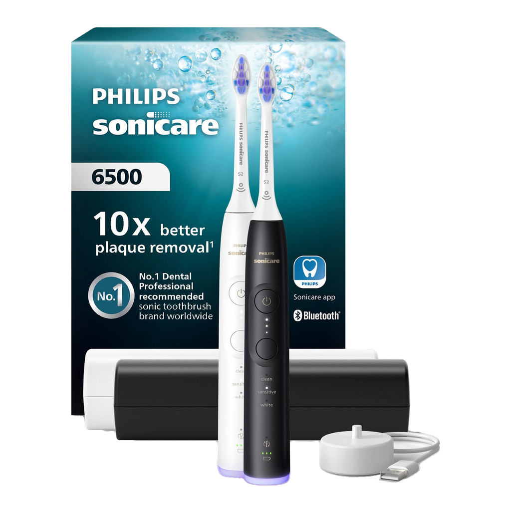 Philips Sonicare Series 6500 HX7419/01 Brosses à dents électriques - pack de 2, technologie sonique nouvelle génération, capteur de pression, 3 modes, 3 intensités - Noir et blanc