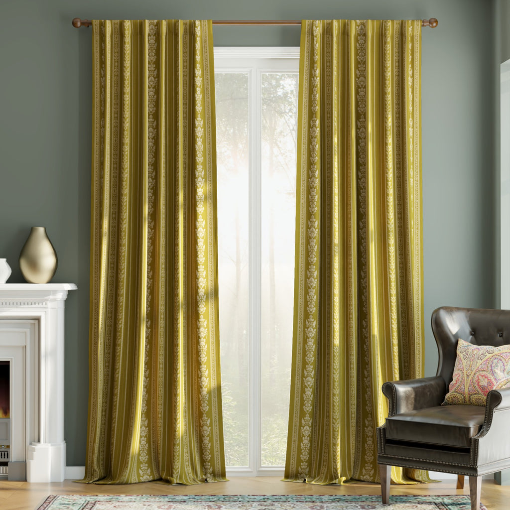 PONY DANCE Rideaux en Velours Rayés et à Motifs Floraux à Lanières Arrière, Rideaux Occultants Isolants Thermiques de Luxe Classique pour Salon Chambre, 2 Panneaux, L 127 x H 245 cm, Or Moutarde